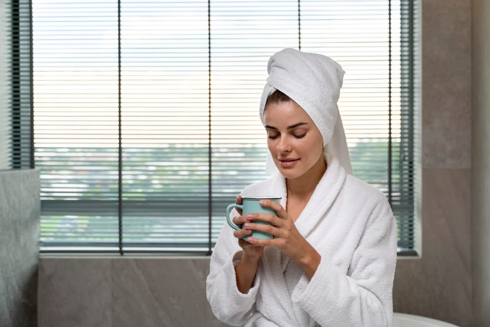woman-enjoying-some-coffee-after-her-bath-